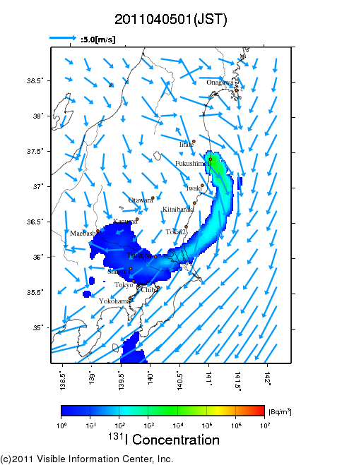 地表付近 大気中濃度分布[Bq/m3]　2011-04-05 01時