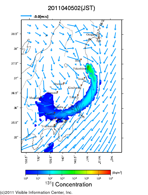 地表付近 大気中濃度分布[Bq/m3]　2011-04-05 02時