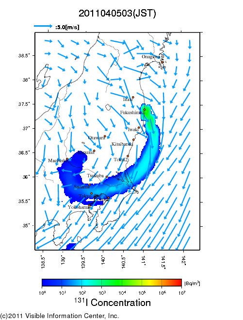 地表付近 大気中濃度分布[Bq/m3]　2011-04-05 03時