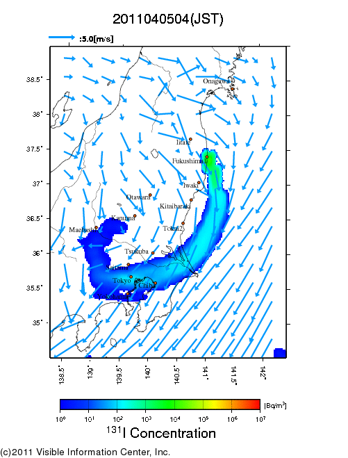 地表付近 大気中濃度分布[Bq/m3]　2011-04-05 04時