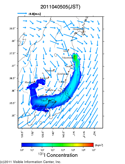 地表付近 大気中濃度分布[Bq/m3]　2011-04-05 05時