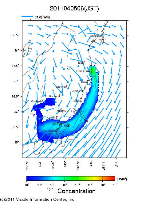 地表付近 大気中濃度分布[Bq/m3]　2011-04-05 06時