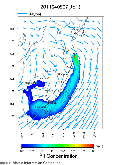 地表付近 大気中濃度分布[Bq/m3]　2011-04-05 07時