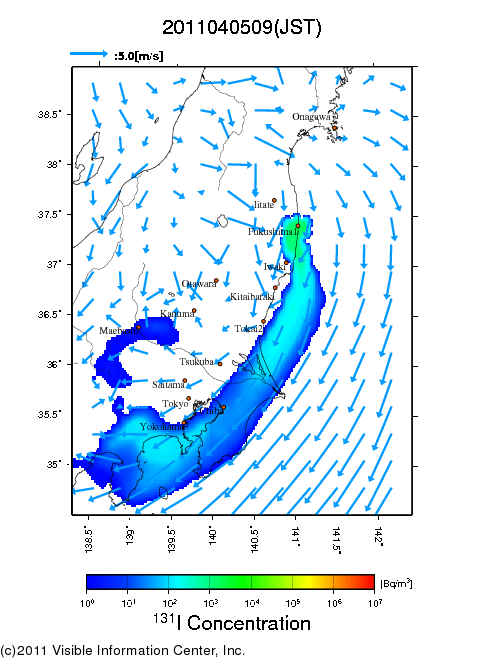 地表付近 大気中濃度分布[Bq/m3]　2011-04-05 09時