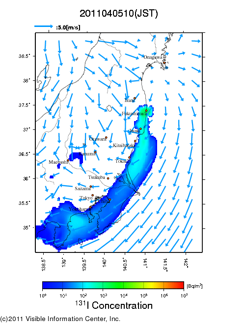 地表付近 大気中濃度分布[Bq/m3]　2011-04-05 10時