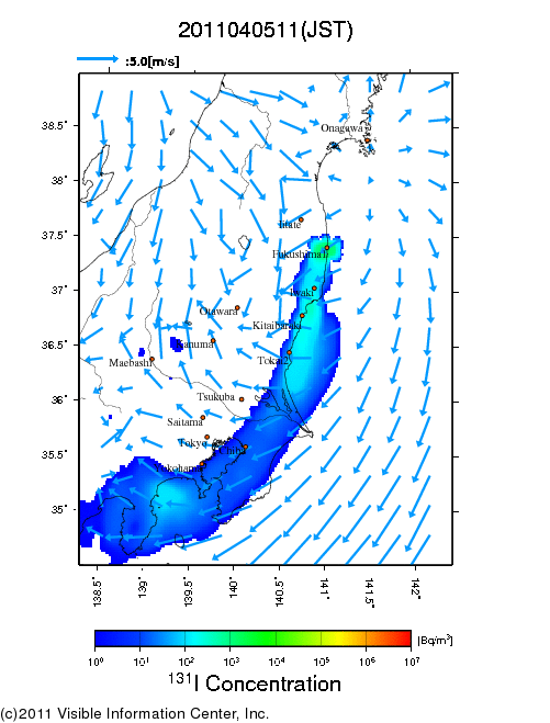 地表付近 大気中濃度分布[Bq/m3]　2011-04-05 11時