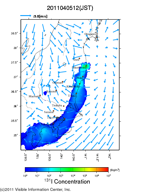 地表付近 大気中濃度分布[Bq/m3]　2011-04-05 12時