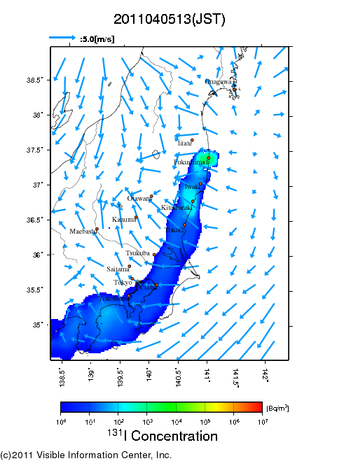 地表付近 大気中濃度分布[Bq/m3]　2011-04-05 13時