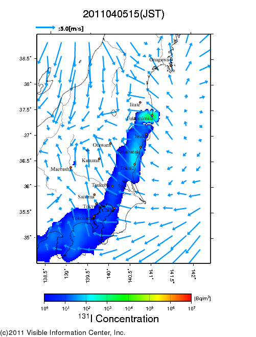 地表付近 大気中濃度分布[Bq/m3]　2011-04-05 15時