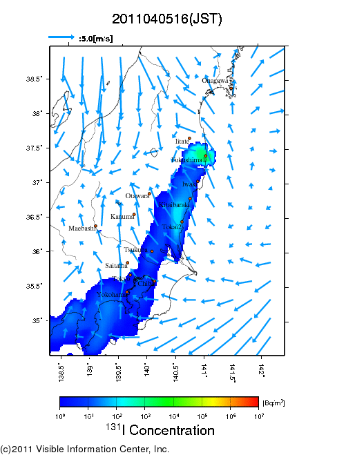 地表付近 大気中濃度分布[Bq/m3]　2011-04-05 16時