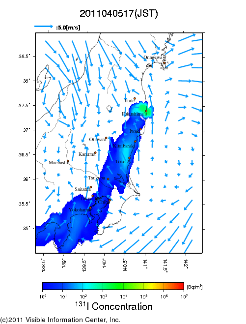 地表付近 大気中濃度分布[Bq/m3]　2011-04-05 17時