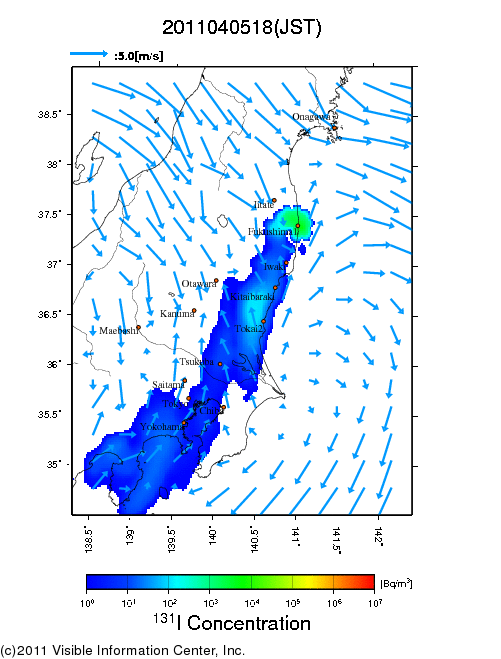 地表付近 大気中濃度分布[Bq/m3]　2011-04-05 18時