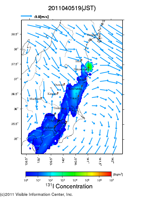 地表付近 大気中濃度分布[Bq/m3]　2011-04-05 19時