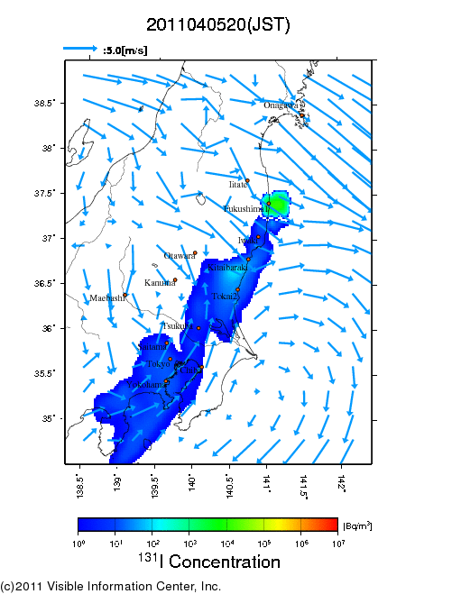 地表付近 大気中濃度分布[Bq/m3]　2011-04-05 20時