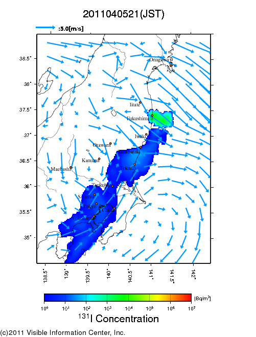 地表付近 大気中濃度分布[Bq/m3]　2011-04-05 21時