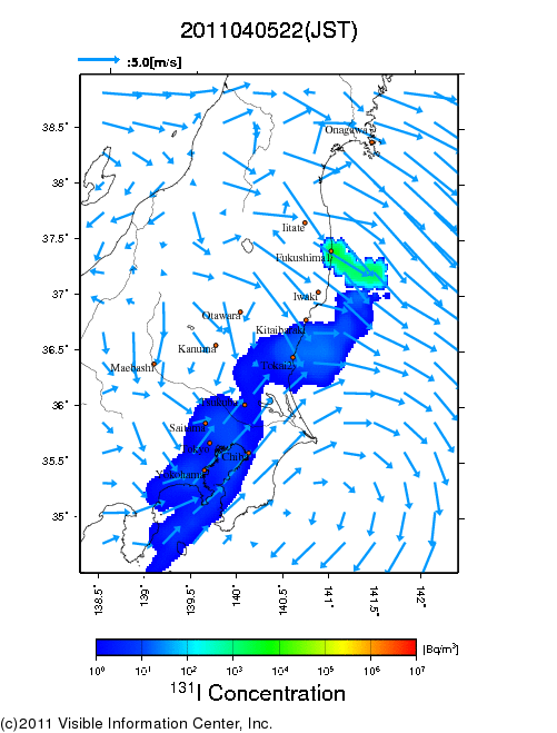 地表付近 大気中濃度分布[Bq/m3]　2011-04-05 22時