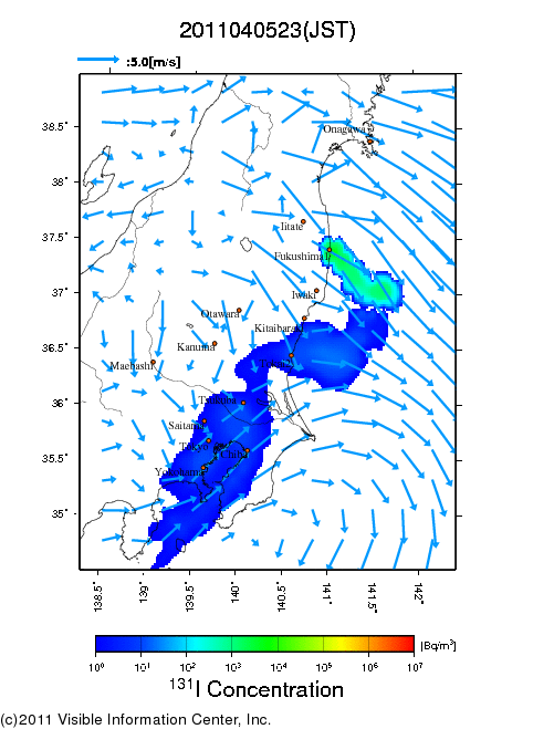 地表付近 大気中濃度分布[Bq/m3]　2011-04-05 23時