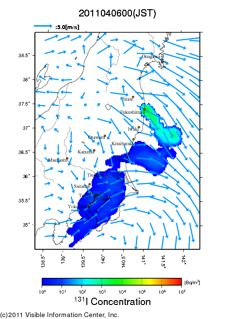地表付近 大気中濃度分布[Bq/m3]　2011-04-06 00時