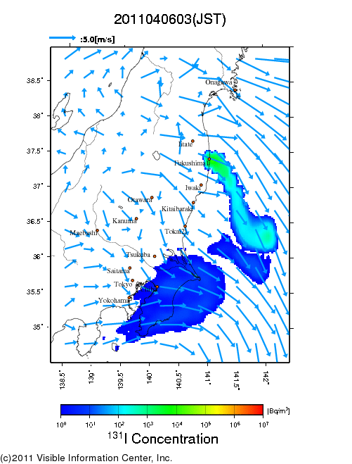 地表付近 大気中濃度分布[Bq/m3]　2011-04-06 03時
