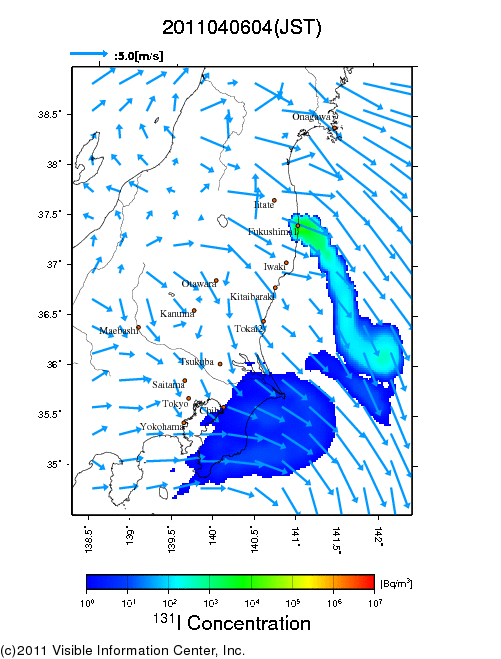 地表付近 大気中濃度分布[Bq/m3]　2011-04-06 04時