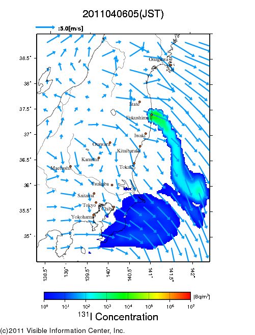 地表付近 大気中濃度分布[Bq/m3]　2011-04-06 05時
