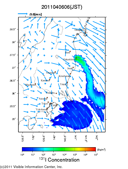 地表付近 大気中濃度分布[Bq/m3]　2011-04-06 06時