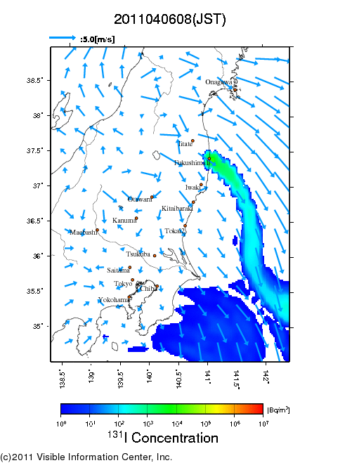 地表付近 大気中濃度分布[Bq/m3]　2011-04-06 08時