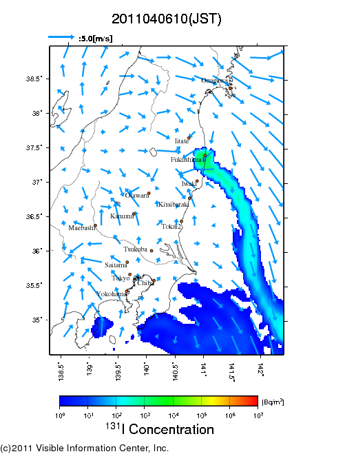 地表付近 大気中濃度分布[Bq/m3]　2011-04-06 10時