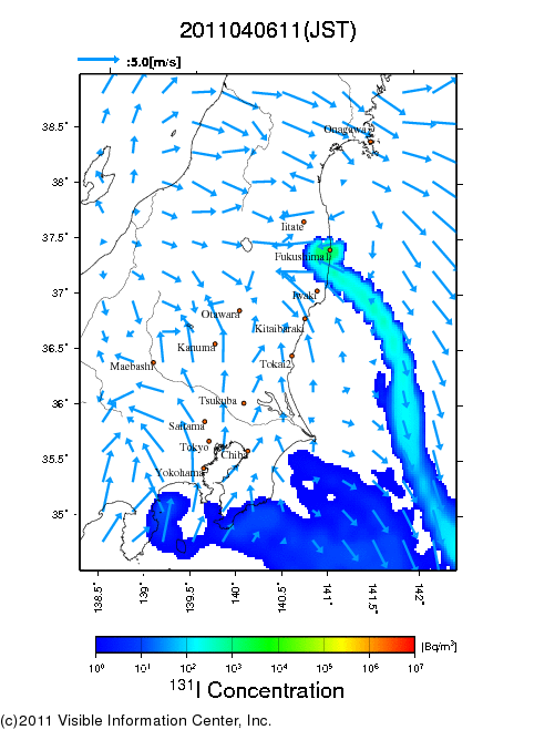 地表付近 大気中濃度分布[Bq/m3]　2011-04-06 11時