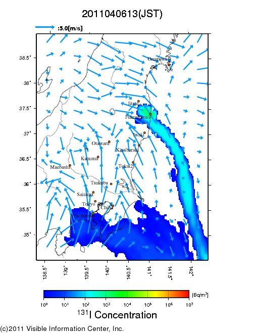 地表付近 大気中濃度分布[Bq/m3]　2011-04-06 13時