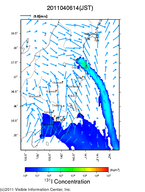 地表付近 大気中濃度分布[Bq/m3]　2011-04-06 14時