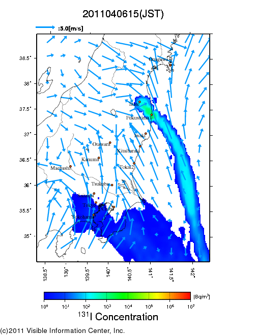 地表付近 大気中濃度分布[Bq/m3]　2011-04-06 15時