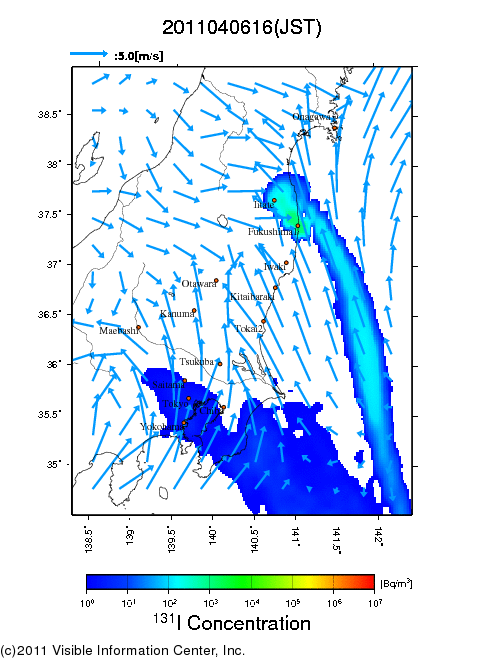 地表付近 大気中濃度分布[Bq/m3]　2011-04-06 16時