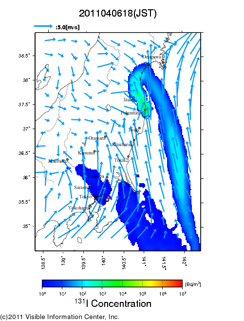 地表付近 大気中濃度分布[Bq/m3]　2011-04-06 18時