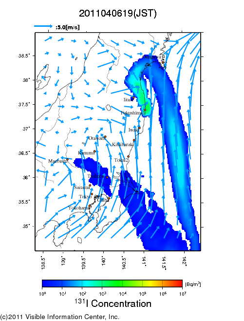 地表付近 大気中濃度分布[Bq/m3]　2011-04-06 19時