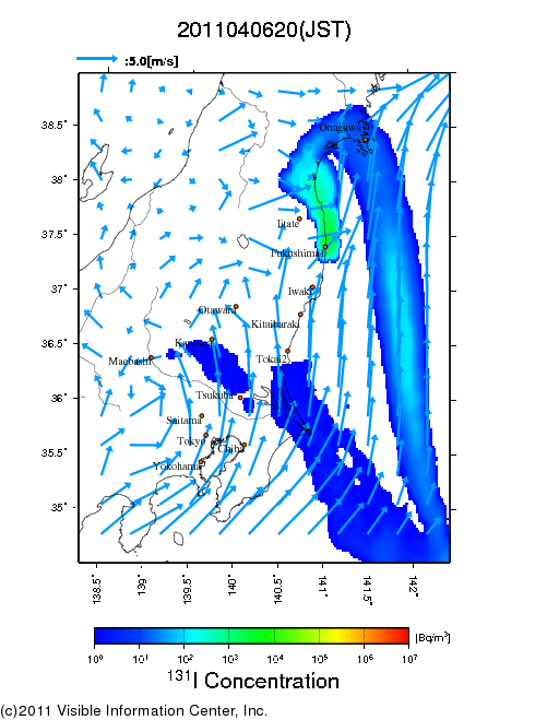 地表付近 大気中濃度分布[Bq/m3]　2011-04-06 20時