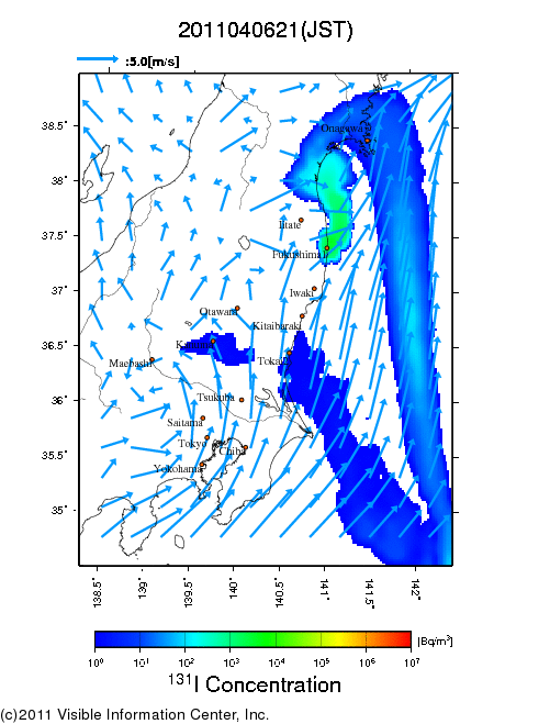 大気中濃度分布[Bq/m3]　2011040621