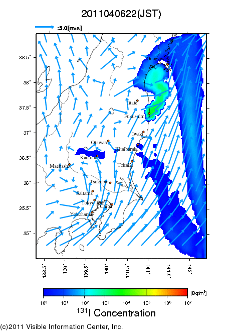 大気中濃度分布[Bq/m3]　2011040622