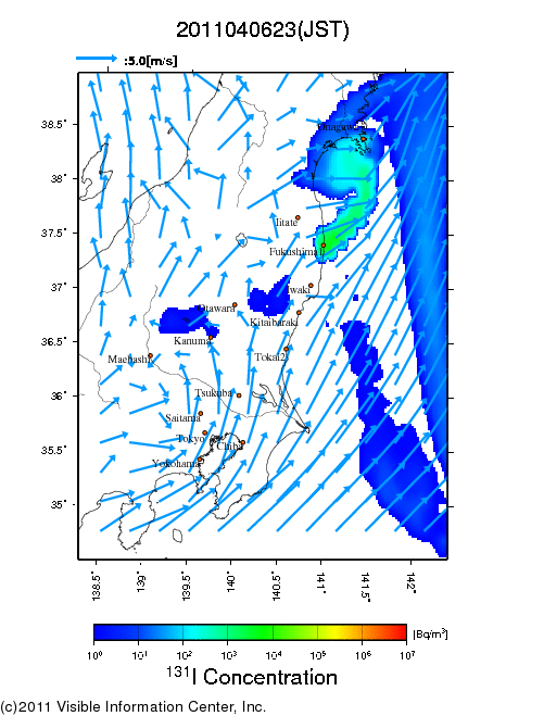 地表付近 大気中濃度分布[Bq/m3]　2011-04-06 23時