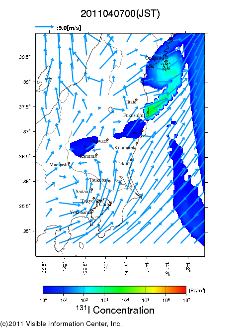 地表付近 大気中濃度分布[Bq/m3]　2011-04-07 00時