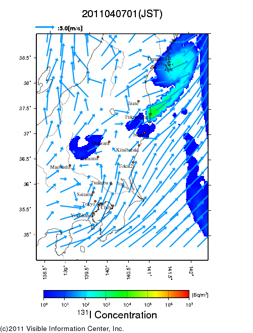 地表付近 大気中濃度分布[Bq/m3]　2011-04-07 01時