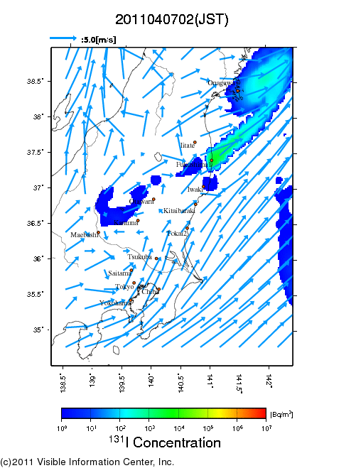 地表付近 大気中濃度分布[Bq/m3]　2011-04-07 02時