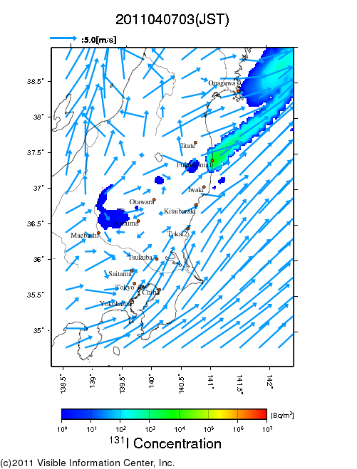 地表付近 大気中濃度分布[Bq/m3]　2011-04-07 03時