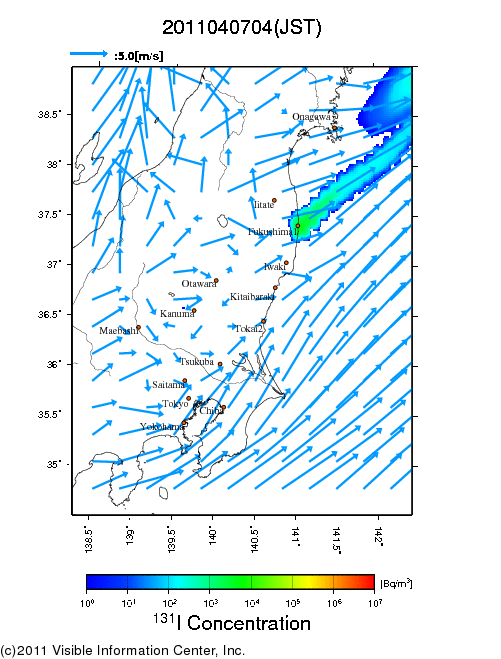 地表付近 大気中濃度分布[Bq/m3]　2011-04-07 04時