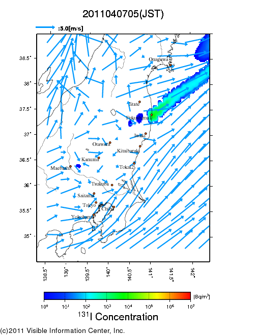 地表付近 大気中濃度分布[Bq/m3]　2011-04-07 05時