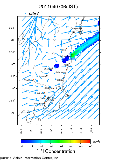 地表付近 大気中濃度分布[Bq/m3]　2011-04-07 06時