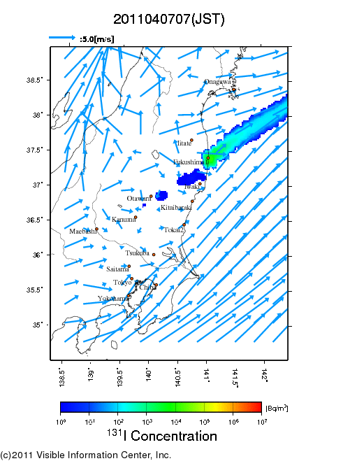 地表付近 大気中濃度分布[Bq/m3]　2011-04-07 07時