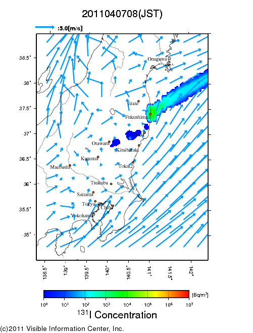 地表付近 大気中濃度分布[Bq/m3]　2011-04-07 08時