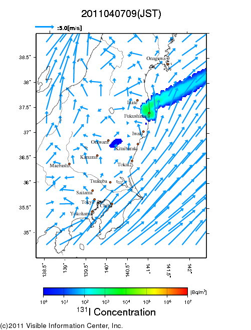 地表付近 大気中濃度分布[Bq/m3]　2011-04-07 09時