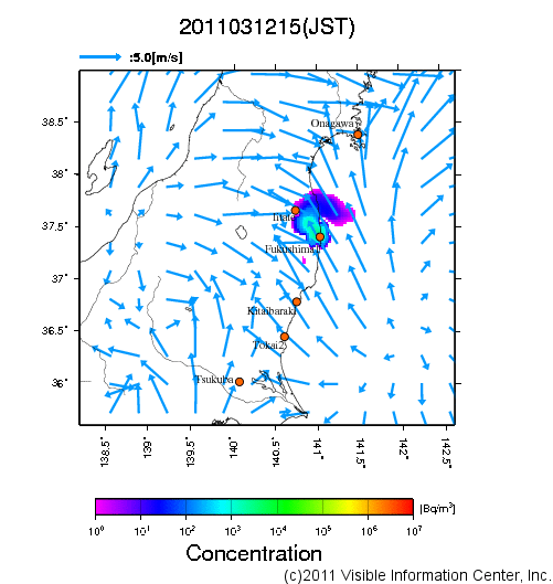 地表付近 大気中濃度分布[Bq/m3]　2011-03-12 15時